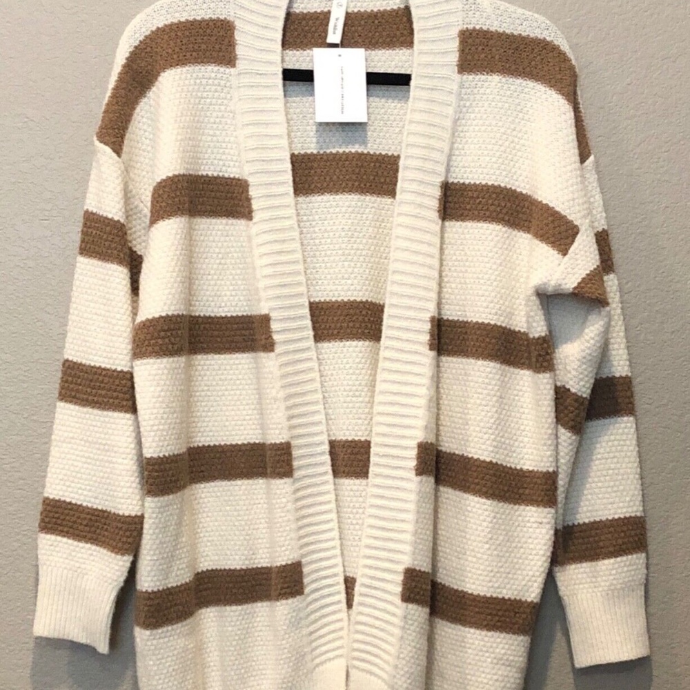 Wishlist Boutique Cream/Taupe Wide Stripe Always Comfy Open Front Cardigan M/L